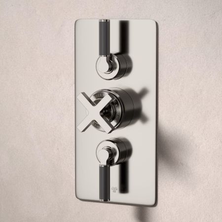 Bayor Dual Outlet Concealed Shower with Handshower Hook & 210mm Ceiling Arm with 8" Rose - Black Lever - Brushed Nickel