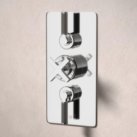 Bayor Dual Outlet Concealed Shower with Handshower Hook & 210mm Ceiling Arm with 8" Rose - Black Lever - Chrome