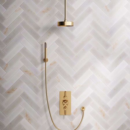 Bayor Dual Outlet Concealed Shower with Handshower Hook, 210mm Ceiling Arm, 8" Rose & Metal Levers in Brushed Brass