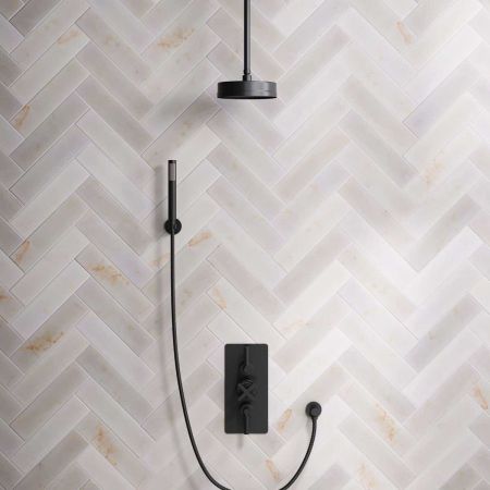 Bayor Dual Outlet Concealed Shower with Handshower Hook, 210mm Ceiling Arm, 8 " Rose & Metal Levers in Matt Black