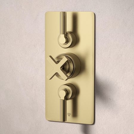 Bayor Dual Outlet Concealed Shower with Handshower Hook & 210mm Ceiling Arm with 8" Rose - Metal Lever - Brushed Brass