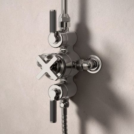 Bayor Dual Outlet Exposed Shower with Handshower Hook & 8" Rose - Black Lever - Brushed Nickel