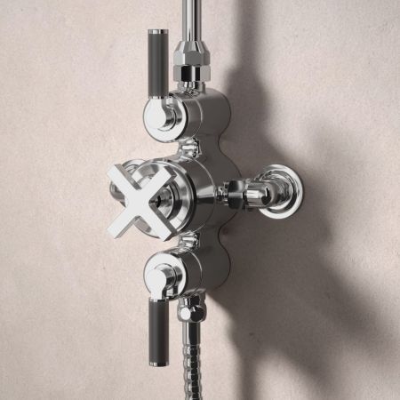 Bayor Dual Outlet Exposed Shower with Handshower Hook & 8" Rose - Black Lever - Chrome