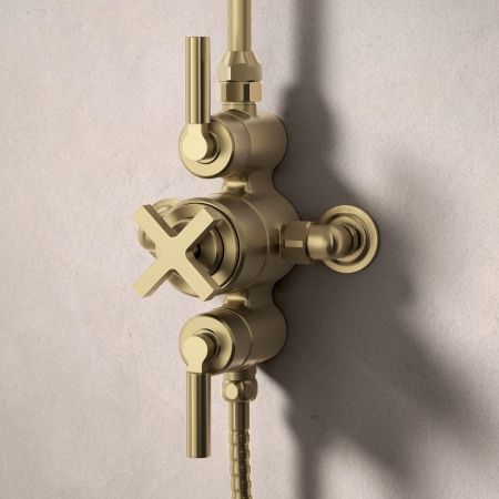 Bayor Dual Outlet Exposed Shower with Handshower Hook & 8" Rose - Metal Lever - Brushed Brass