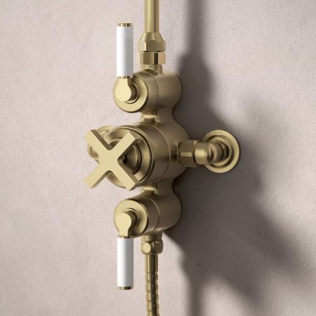 Bayor Dual Outlet Exposed Shower with Handshower Hook & 8" Rose - White Lever - Brushed Brass