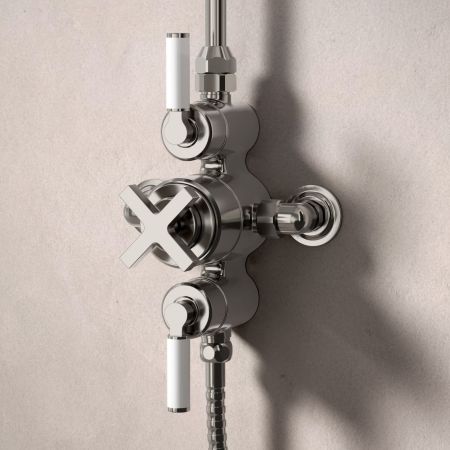 Bayor Dual Outlet Exposed Shower with Handshower Hook & 8" Rose - White Lever - Brushed Nickel
