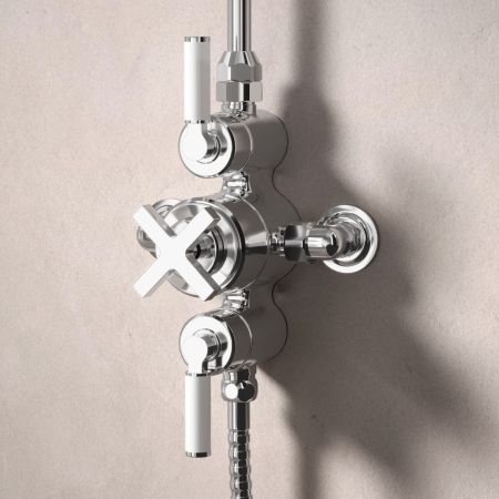 Bayor Dual Outlet Exposed Shower with Handshower Hook & 8" Rose - White Lever - Chrome