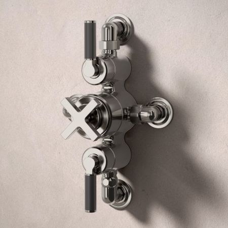 Bayor Dual Outlet Semi Exposed Shower with Handshower Hook & 210mm Ceiling Arm with 8" Rose - Black Lever - Brushed Nickel