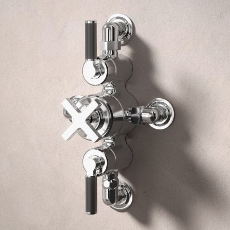 Bayor Dual Outlet Semi Exposed Shower with Handshower Hook & 210mm Ceiling Arm with 8" Rose - Black Lever - Chrome