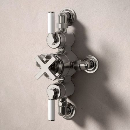 Bayor Dual Outlet Semi Exposed Shower with Handshower Hook & 210mm Ceiling Arm with 8" Rose - White Lever - Brushed Nickel