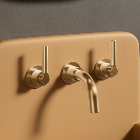 Bayor Backsplash Basin Mounted 3 Hole Basin - Metal Lever - Brushed Brass