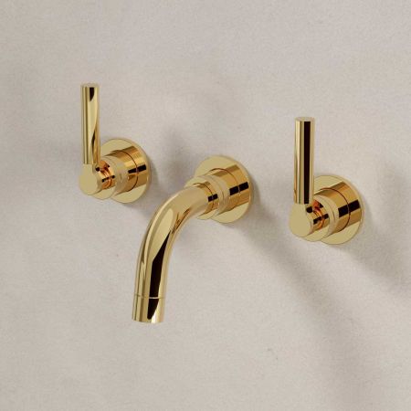 Senska - 3-Hole Basin Mixer Tap - Backsplash Basin Mounted - Metal Lever - Polished Brass
