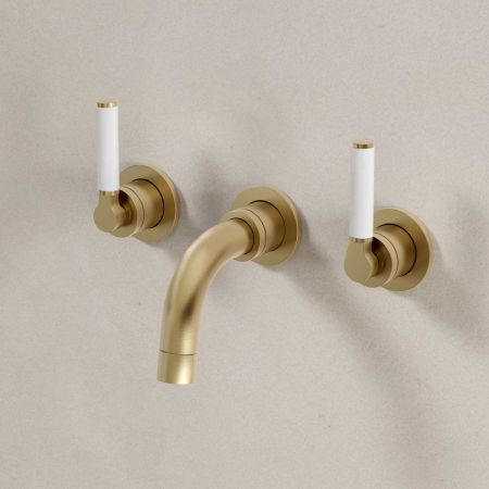 Senska - 3-Hole Basin Mixer Tap - Backsplash Basin Mounted - White Lever - Brushed Brass