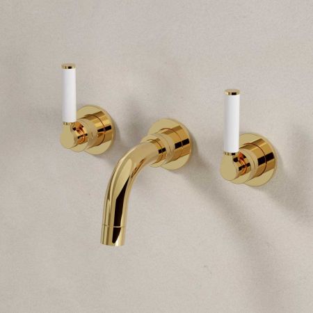 Senska - 3-Hole Basin Mixer Tap - Backsplash Basin Mounted - White Lever - Polished Brass