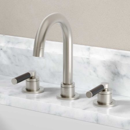 Senska - 3-Hole Basin Mixer - Deck Mounted - Black Lever - Brushed Nickel