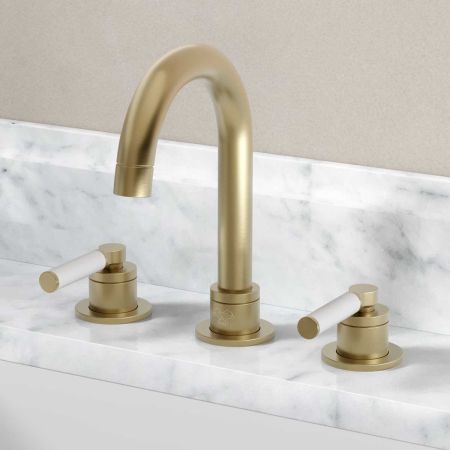 Senska - 3-Hole Basin Mixer - Deck Mounted - White Lever - Brushed Brass
