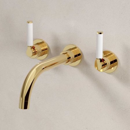 Senska - 3-Hole Basin Mixer - Wall Mounted - White Lever - Polished Brass