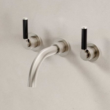 Senska - 3-Hole Basin Mixer - Wall Mounted - Black Lever - Short Spout - Brushed Nickel