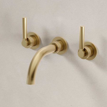 Senska - 3-Hole Basin Mixer - Wall Mounted - Metal Lever - Short Spout - Brushed Brass
