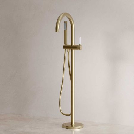 Senska - Bath Shower Mixer - Floor Mounted - White Lever - Brushed Brass