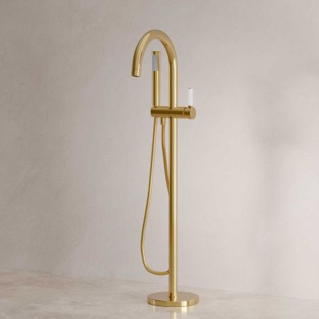 Senska - Bath Shower Mixer - Floor Mounted - White Lever - Polished Brass