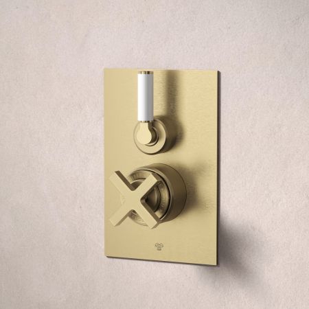 Bayor Single Outler Concealed Shower with 210mm Ceiling Arm & 8" Rose - White Lever - Brushed Brass