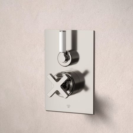 Bayor Single Outler Concealed Shower with 210mm Ceiling Arm & 8" Rose - White Lever - Brushed Nickel