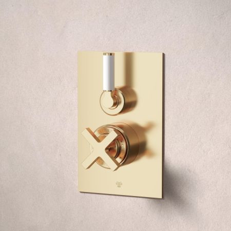Bayor Single Outler Concealed Shower with 210mm Ceiling Arm & 8" Rose - White Lever - Living Brass