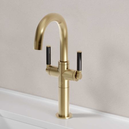 Senska Monobloc Basin Mixer - Deck Mounted - Black Lever - 100mm Extension - Brushed Brass