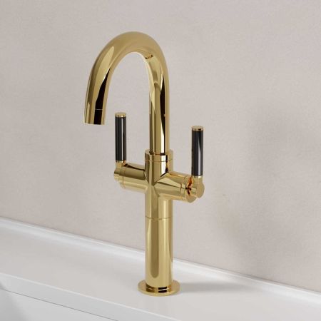 Senska Monobloc Basin Mixer - Deck Mounted - Black Lever - 100mm Extension - Polished Brass