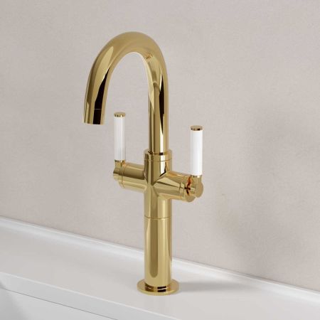 Senska Monobloc Basin Mixer - Deck Mounted - White Lever - 100mm Extension - Polished Brass