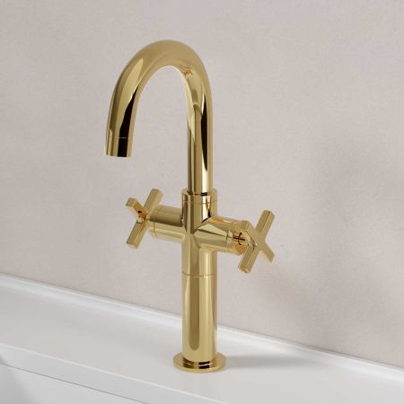 Bayor Monobloc Basin Mixer - Deck Mounted - X-Top - 100mm Extension - Polished Brass
