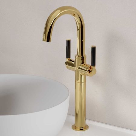 Senska Monobloc Basin Mixer - Deck Mounted - Black Lever - 160mm Extension - Polished Brass