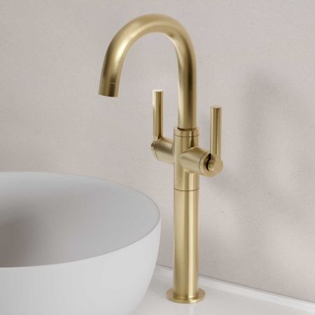 Senska Monobloc Basin Mixer - Deck Mounted - Metal Lever - 160mm Extension - Brushed Brass