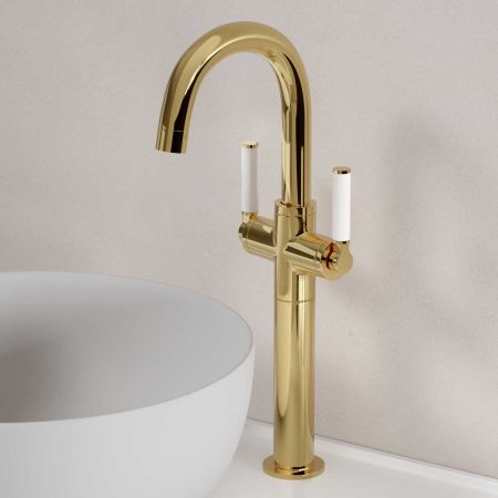 Senska Monobloc Basin Mixer - Deck Mounted - White Lever - 160mm Extension - Polished Brass
