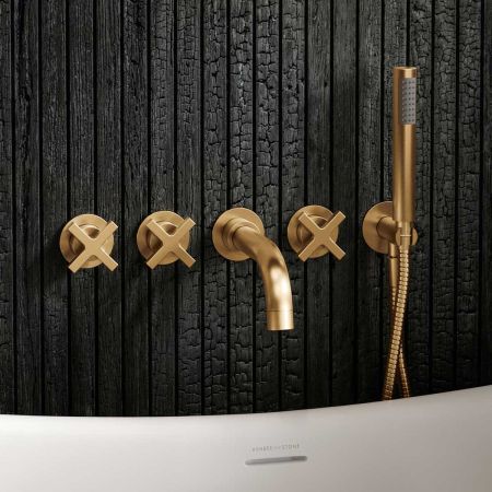 Bayor Wall Mounted 5 Hole Bath Shower Mixer - Crosshead - Living Brass