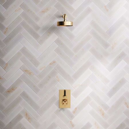 Bayor Single Outlet Concealed Shower with 300mm Wall Arm, 8" Rose & Black Levers in Brushed Brass