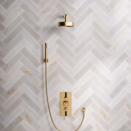 Bayor Dual Outlet Concealed Shower with Handshower Hook, 300mm Wall Arm, 8" Rose & Black Levers in Brushed Brass