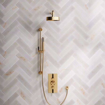 Bayor Dual Outlet Concealed Shower with Slider Rail, 500mm Wall Arm, 8" Rose & Black Levers in Brushed Brass