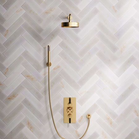Bayor Dual Outlet Concealed Shower with Handshower Hook, 500mm Wall Arm, 8" Rose & Black Levers in Brushed Brass