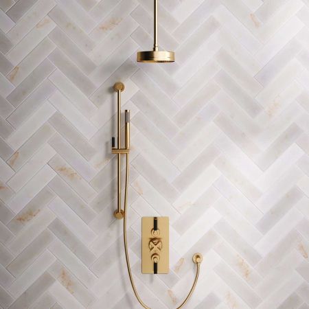 Linton Dual Outlet Concealed Shower with Slider Rail, 210mm Ceiling Arm, 8" Rose & Black Levers in Brushed Brass