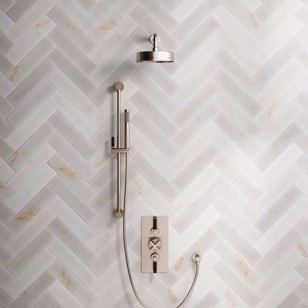 Elbe Dual Bayor Dual Outlet Concealed Shower with Slider Rail, 300mm Wall Arm, 8" Rose & Black Levers in Brushed Nickel