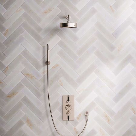Bayor Dual Outlet Concealed Shower with Handshower Hook, 300mm Wall Arm, 8" Rose & Black Levers in Brushed Nickel
