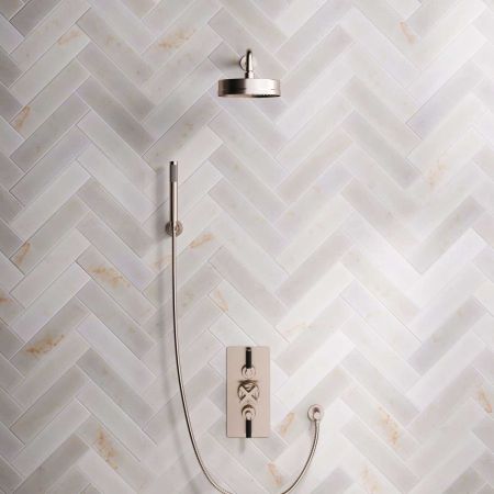 Bayor Dual Outlet Concealed Shower with Handshower Hook, 500mm Wall Arm, 8" Rose & Black Levers in Brushed Nickel