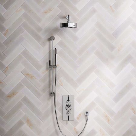 Bayor Dual Outlet Concealed Shower with Slider Rail, 300mm Wall Arm, 8" Rose & Black Levers in Chrome
