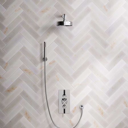Bayor Dual Outlet Concealed Shower with Handshower Hook, 300mm Wall Arm, 8" Rose & Black Levers in Chrome