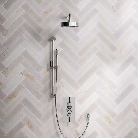 Bayor Dual Outlet Concealed Shower with Slider Rail, 500mm Wall Arm, 8" Rose & Black Levers in Chrome
