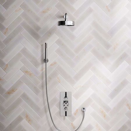 Bayor Dual Outlet Concealed Shower with Handshower Hook, 500mm Wall Arm, 8" Rose & Black Levers in Chrome