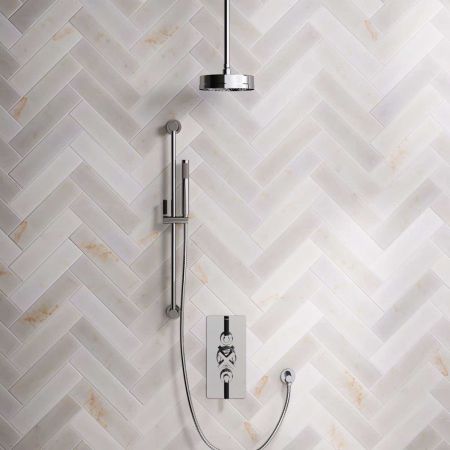 Linton Dual Outlet Concealed Shower with Slider Rail, 210mm Ceiling Arm, 8" Rose & Black Levers in Chrome