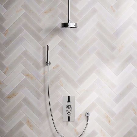 Bayor Dual Outlet Concealed Shower with Handshower Hook, 210mm Ceiling Arm, 8" Rose & Black Levers in Chrome